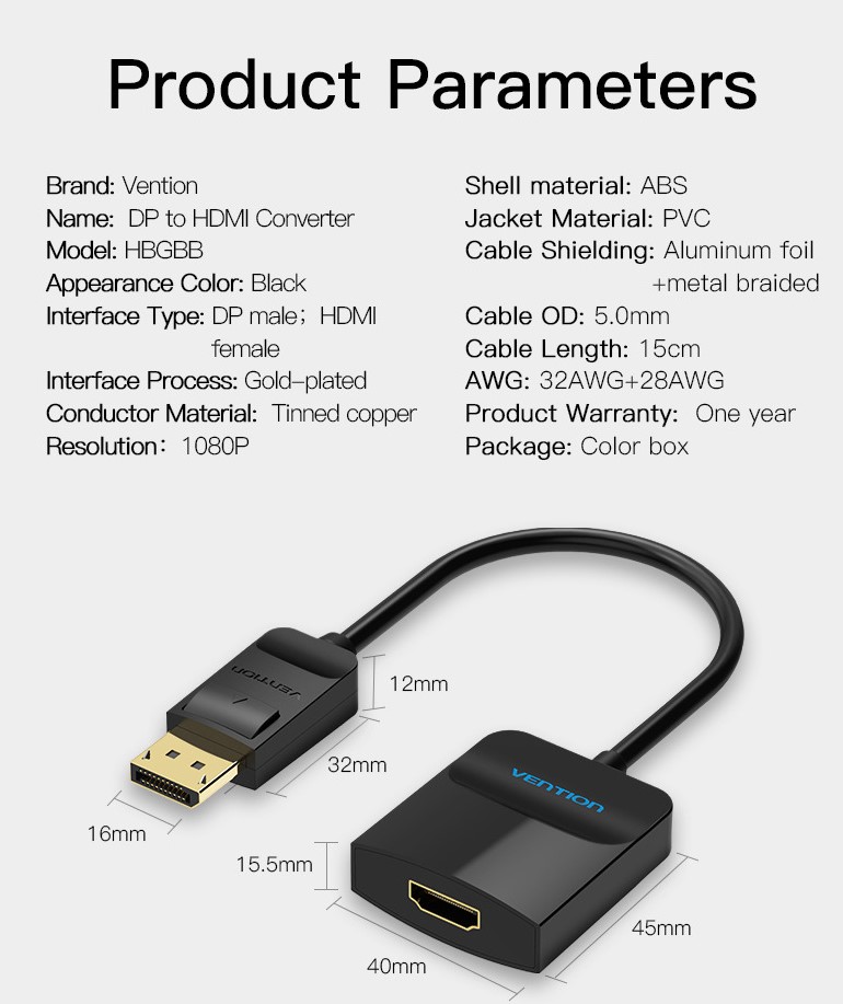 Vention Converter Display Port (DP) to HDMI 4K 0.15M (HBGBB)