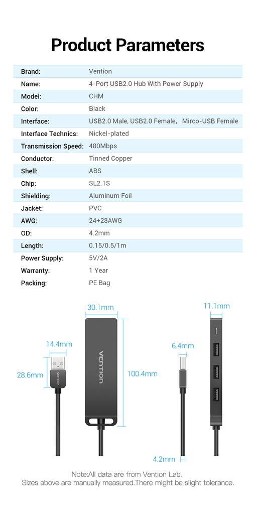 Vention USB Hub 2.0 with Power High Speed 0.5M (CHMBD)