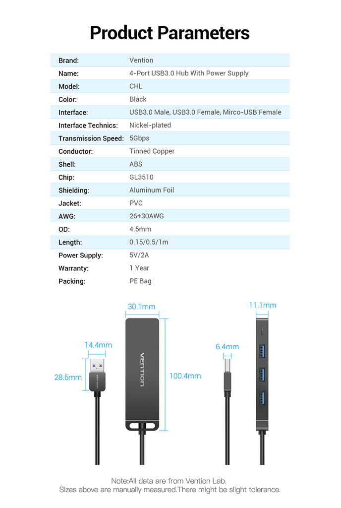 Vention USB Hub 3.0 4 Port with Power Supply 1M (CHLBF)
