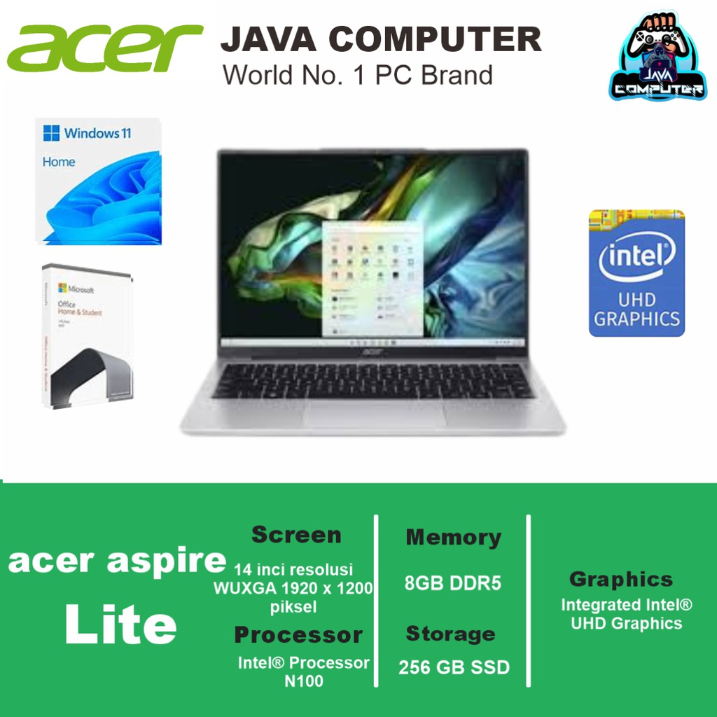 Acer Aspire Lite AL14-31P-C3MH /Intel N100/8GB/256GB SSD/14″ WUXGA/Win11 Home+OHS 2021/Silver (BAG)