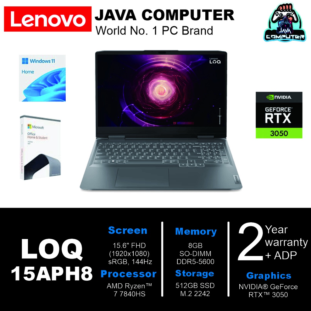 Lenovo LOQ 15APH8 82XT00C9ID Ryzen 7-7840HS/8GB/512GB SSD/RTX3050 6GB/15.6″ FHD 144Hz/Win11+OHS 2021/Storm Grey
