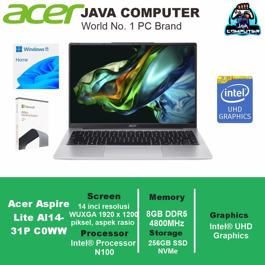 Acer Aspire Lite AL14-31P-C0WW/Intel N100/8GB/256GB SSD/14.0″ WUXGA/Win11 Home+OHS/Silver (BAG)