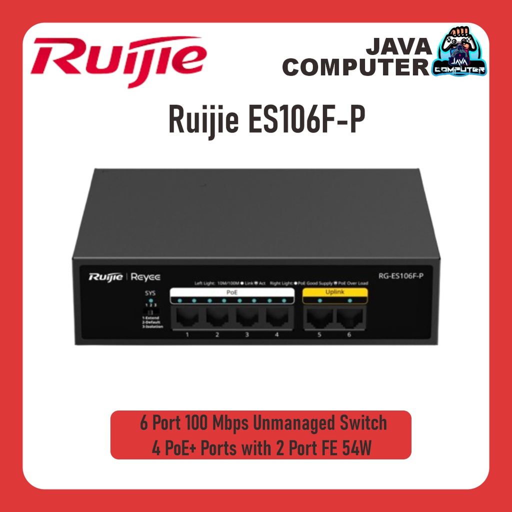 Ruijie ES106F-P 6 Port 100 Mbps Unmanaged Switch 4 PoE+ Ports with 2 Port FE 54W