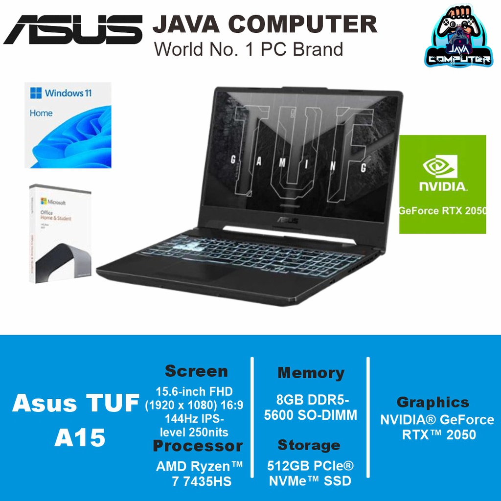 Asus TUF A15 FA506NFR-R725B1T-OM /AMD Ryzen 7-7435HS/8GB/512GB SSD/RTX2050 4GB/15.6″ FHD 144Hz/W11+OHS+O365/Graphite Black (BAG)