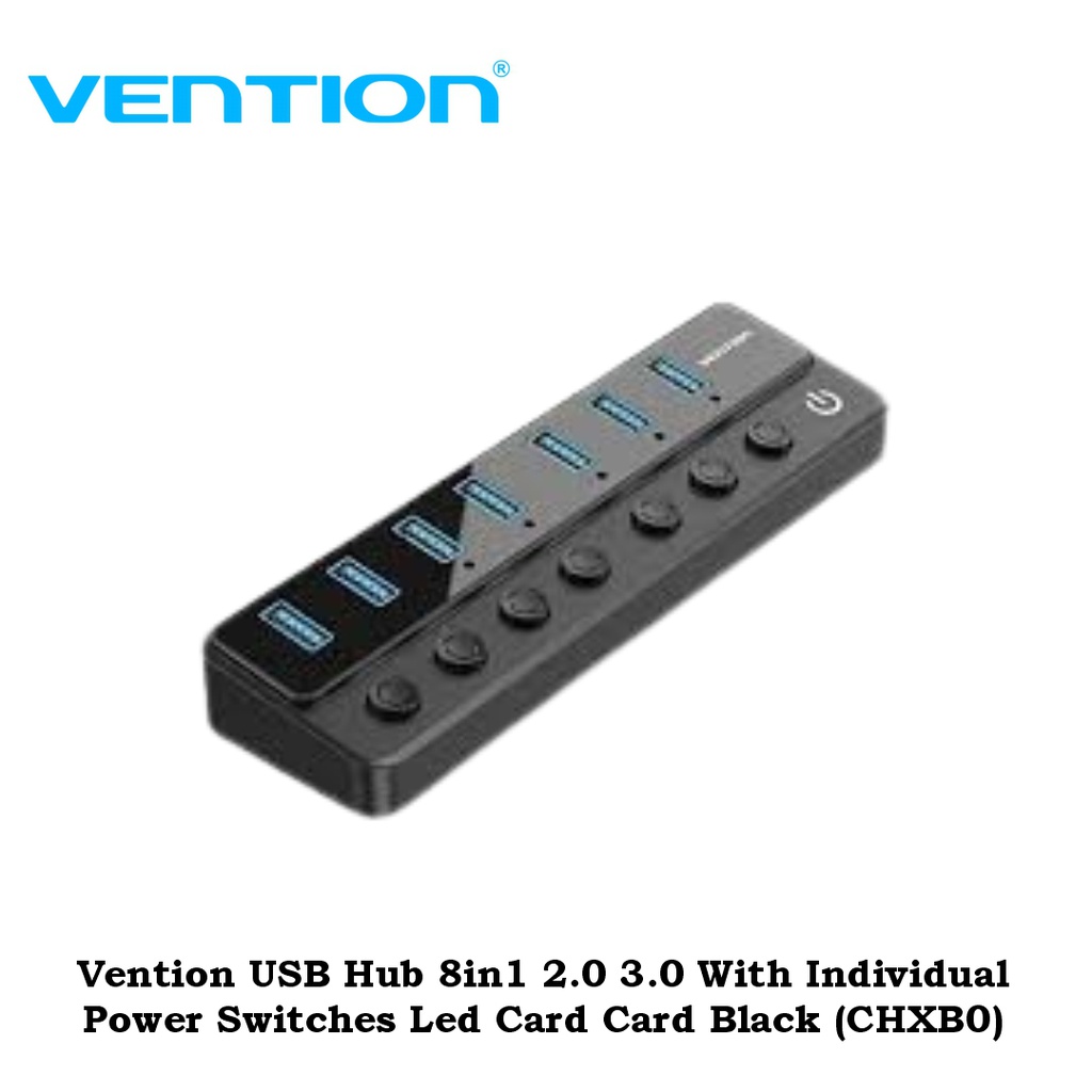 Vention USB Hub 8in1 2.0 3.0 With Individual Power Switches Led Card Card Black (CHXB0)