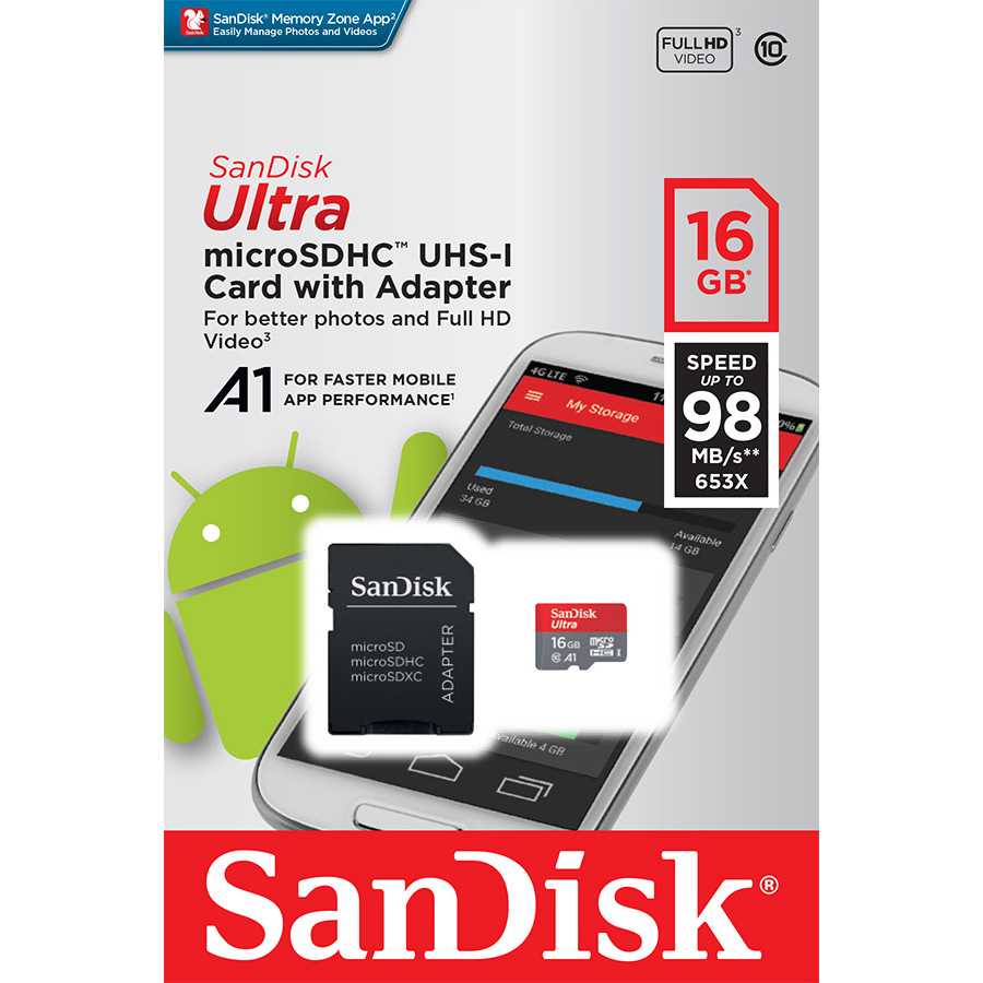 Sandisk MicroSDHC 16Gb 98mbps Class 10 + Adapter