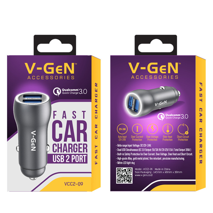 V-Gen VCC2-09 Charger Car 2 Port Qualcomm Quick Charge 3.0