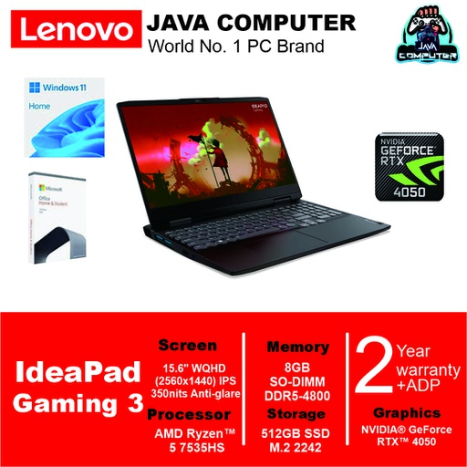 [LAPTOP-0634] Lenovo Gaming 3 15ARH7 82SB00JKID R5-7535/8/512/RTX4050 6G/W11+OHS/15.6&quot; IPS/Grey