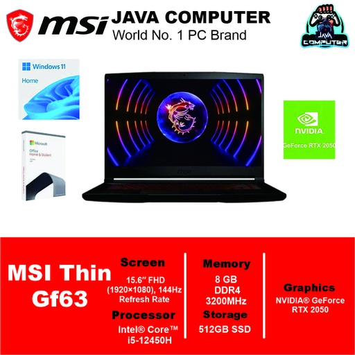 [LAPTOP-0636] MSI Thin GF63 12UCX 9S7-16R821-244/Core i5-12450H/8GB/512GB SSD/RTX2050 4GB/15.6″ FHD IPS/Win11 Home/Black