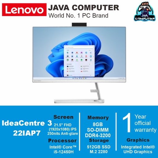 [AIO-0157] Lenovo AIO IdeaCentre 3 22IAP7 F0GG002XID i5-12450H/8GB/512GB SSD/21.5" FHD IPS/DOS/White