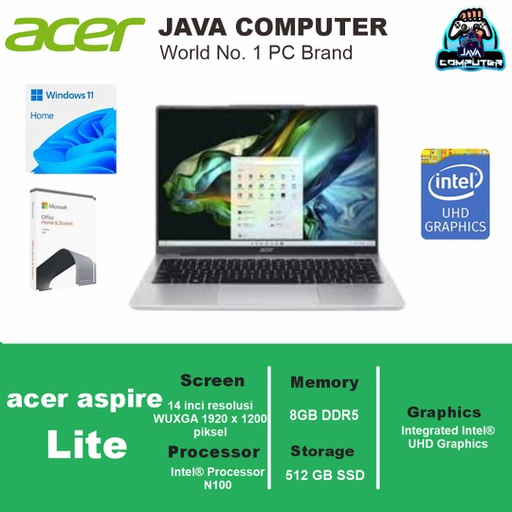 [LAPTOP-0643] Acer Aspire Lite AL 14-3IP-C0G4/Intel N100/8GB/512GB SSD/W11+OHS/14&quot; WUXGA/Silver Radiance (BAG)