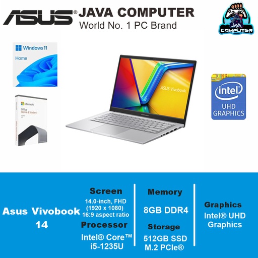 [LAPTOP-0648] Asus Vivobook 14 A1404ZA-VIPS553 i5-1235U/8GB/512GB SSD/14.0″ FHD IPS/Win 11 Home+OHS 2021/Transparent Silver (BAG)