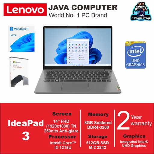 [LAPTOP-0660] Lenovo IdeaPad 3 14IAU7 82RJ00CYID i3-1215U/8GB/512GB SSD/W11+OHS/14.0&quot;FHD/Artic Grey