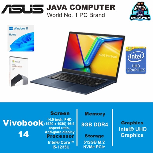 [LAPTOP-0663] Asus Vivobook 14 A1404ZA-VIPS551 i5-1235U/8GB/512GB SSD/14.0″ FHD IPS/Win 11 Home+OHS 2021/Quiet Blue (BAG)