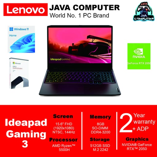 [LAPTOP-0666] Lenovo Ideapad Gaming 3 15ACH6 82K2027FID Ryzen 5 5500H/8GB/512GB SSD/RTX2050 4GB/W11+OHS/15.6&quot; FHD/Shadow Black