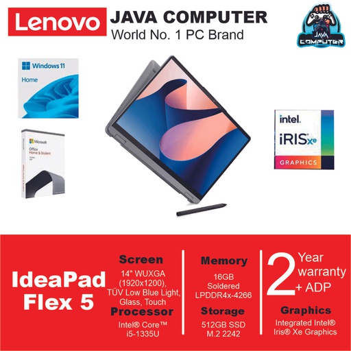 [LAPTOP-0675] LENOVO IdeaPad FLEX 5 14IRU8 82Y0003JID i5-1335U/16GB/512GB SSD/W11+OHS/14&quot;/Arctic Grey