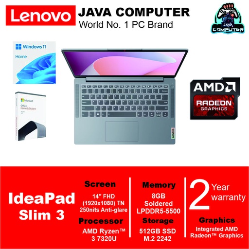 [LAPTOP-0678] Lenovo IdeaPad Slim 3 14AMN8 82XN003LID /AMD R3-7320U/8GB/512GB SSD/14″ FHD TN/Win 11 Home+OHS 2021/Arctic Grey