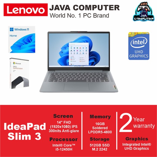 [LAPTOP-0679] Lenovo IdeaPad Slim 3 14IAH8 83EQ003KID i5-12450H/16GB/512GB SSD/W11 Home+OHS 2021/14&quot;FHD IPS/Artic Grey (BAG)