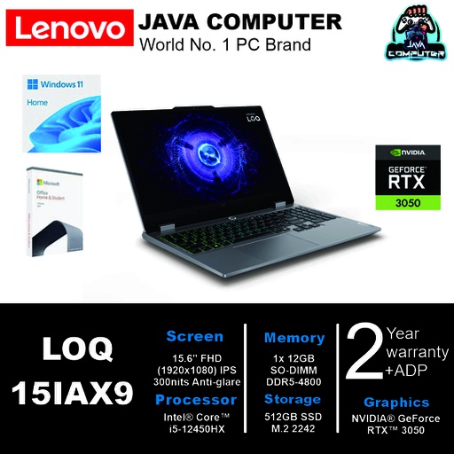 [LAPTOP-0702] Lenovo LOQ 15IAX9-83GS001JID i5 12450HX/12GB/512GB SSD/RTX3050 6GB/W11+OHS 2021/15.6&quot; FHD/ Luna Grey/2Y