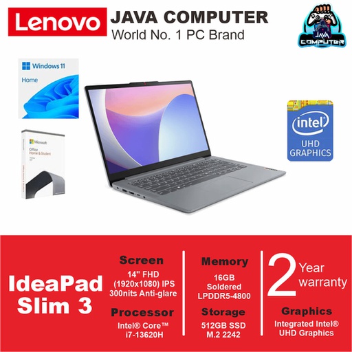 [LAPTOP-0716] Lenovo IdeaPad Slim 3 14IRH8-83EL002BID i7-13620H/16GB/512GB SSD/14″ FHD IPS/W11 Home+OHS 2021/Arctic Grey