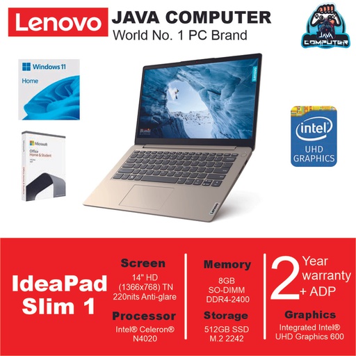 [LAPTOP-0722] Lenovo Ideapad Slim 1 14IGL7 82V6008AID/Intel N4020/8GB/512GB SSD/W11+OHS 2021/14.0&quot;/Sand