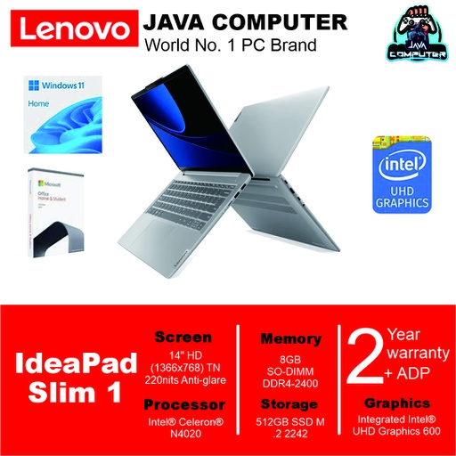 [LAPTOP-0723] Lenovo Ideapad Slim 1 14IGL7 82V6008BID/Intel N4020/8GB/512GB SSD/W11+OHS 2021/14.0&quot;/Cloud Grey (Bag)