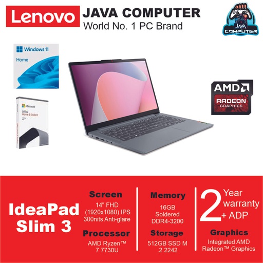 [LAPTOP-0724] Lenovo IdeaPad Slim 3 14ABR8 82XL006JID R7-7730U/16GB/512GB SSD/14″ FHD IPS/W11 Home+OHS 2021/Arctic Grey