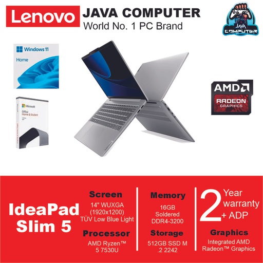 [LAPTOP-0725] Lenovo IdeaPad Slim 5 14ABR8 82XE005YID R5-7530U/16GB/512GB SSD/14″ WUXGA IPS/W11 Home+OHS 2021/Cloud Grey