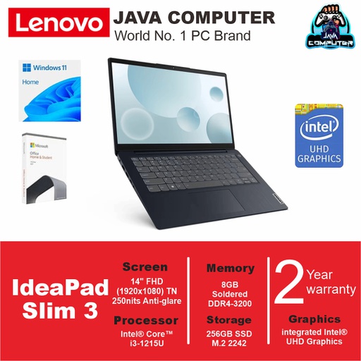 [LAPTOP-0728] Lenovo IdeaPad 3 14IAU7 82RJ00CNID i3-1215U/8GB/512GB SSD/14″ FHD IPS/W11 Home+OHS/Abyss Blue