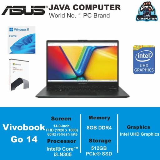 [LAPTOP-0729] Asus Vivobook Go 14 E1404GA-FHD354 i3-N305/8GB/512GB SSD/14″ FHD/W11+OHS/Mixed Black