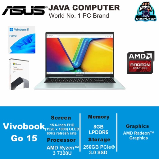 [LAPTOP-0738] Asus Vivobook Go 15 E1504FA-OLED323 R3-7320U/8GB/512GB SSD/15.6″ FHD/Win 11 Home+OHS 2021/Green Grey