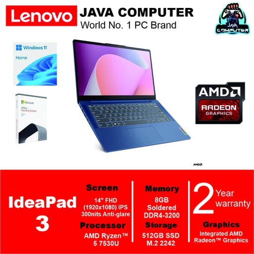 [LAPTOP-0748] Lenovo IdeaPad Slim 3 14ABR8-82XL0004ID /Ryzen 5-7530U/8GB/512GB SSD/14″ FHD IPS/Win 11 Home+OHS 2021/Abyss Blue