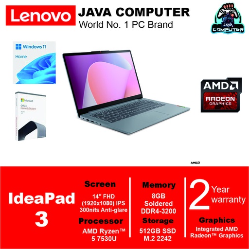 [LAPTOP-0749] Lenovo IdeaPad Slim 3 14ABR8-82XL0005ID /Ryzen 5-7530U/8GB/512GB SSD/14″ FHD IPS/Win 11 Home+OHS 2021/Arctic Grey