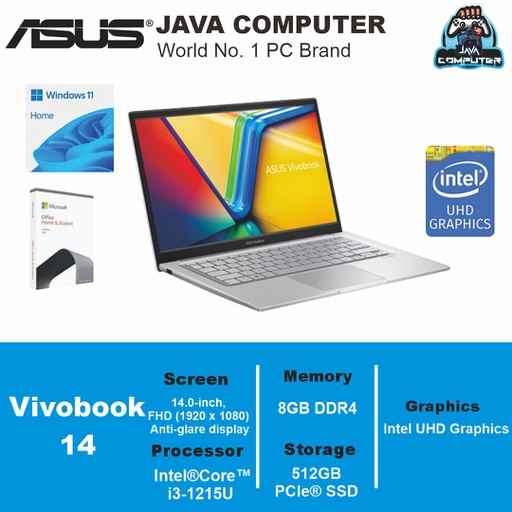 [LAPTOP-0794] Asus Vivobook 14 A1404ZA-VIPS356/i3-1215U/8GB/512GB SSD/14.0″ FHD IPS/Win 11 Home+OHS 2021/Cool Silver (BAG)