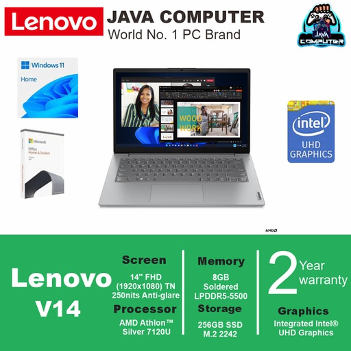 [LAPTOP-0795] Lenovo V14 G4 AMN 82YT00V2ID/AMD Athlon Silver 7120U/8GB/256GB SSD/DOS/14&quot; FHD/Arctic Grey