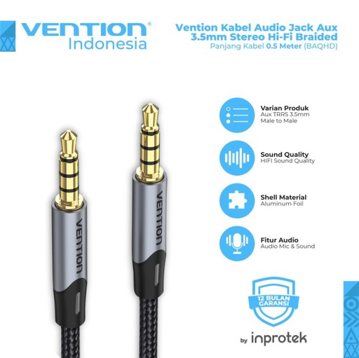 [CBL-0336] Vention Kabel Audio Male to Male 3.5mm Stereo Hi-Fi Braided 0.5M (BAQHD)