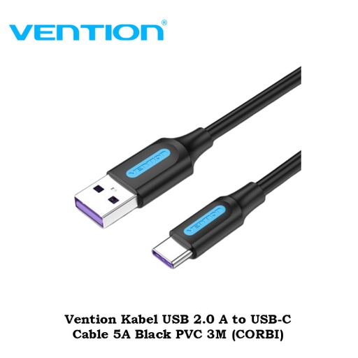[CBL-0357] Vention Kabel Charger USB to Type C 5A 3M Black PVC 2.0 (CORBI)