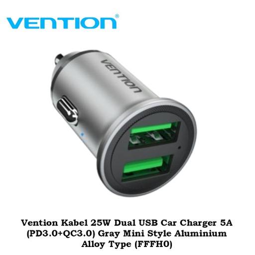 [ACC-0455] Vention Kabel 25W Dual USB Car Charger 5A (PD3.0+QC3.0) Gray Mini Style Aluminium Alloy Type (FFFH0)