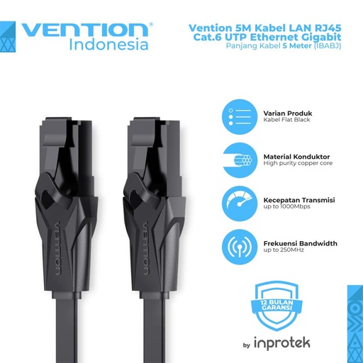 [CBL-0368] Vention Kabel RJ45-C6 Flat Cat 6 UTP Patch Cord Cable 5M Black (IBABJ)