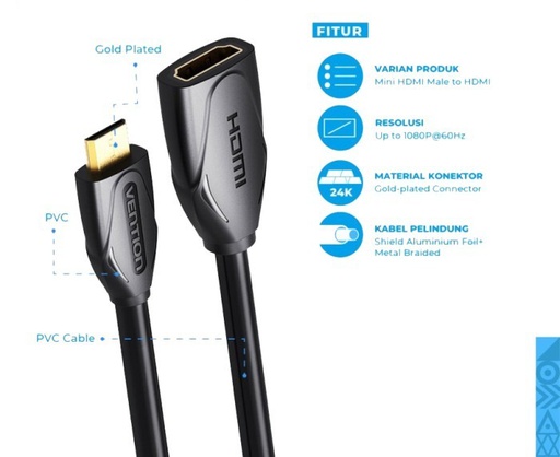 [CBL-0394] Vention Kabel Mini HDMI Extension 1M Black (ABAAF)