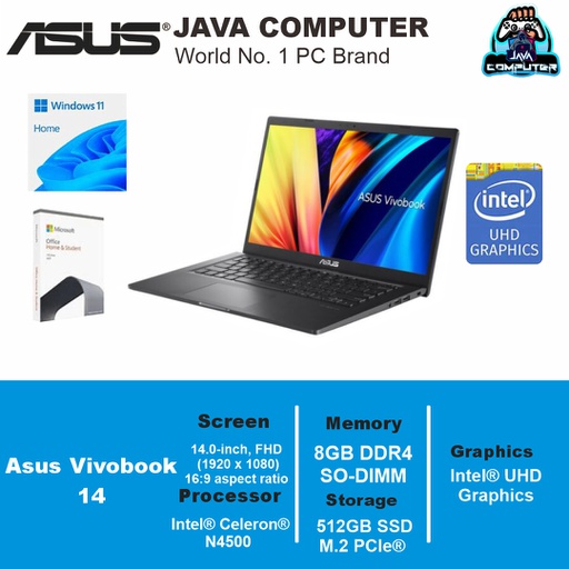 [LAPTOP-0785] Asus Vivobook 14 A1400KA-FHD4512/Celeron N4500/8GB/512GB SSD/14″ FHD/Win 11 Home+OHS 2021/Indie Black