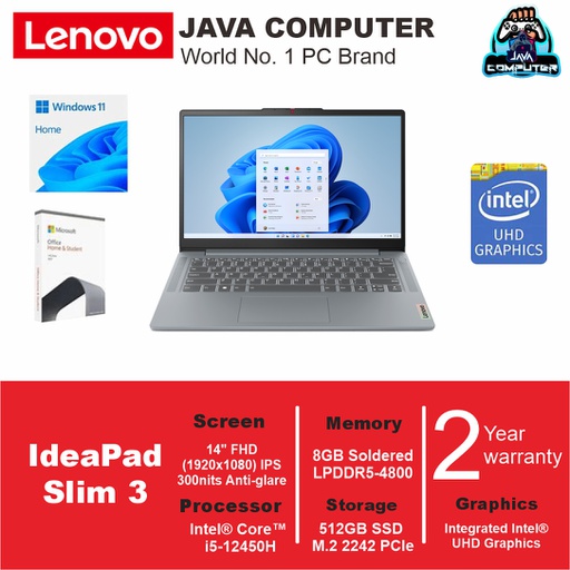 [LAPTOP-0782] Lenovo IdeaPad Slim 3 14IAH8 83EQ005AID/i5-12450H/8GB/512GB SSD/14″ FHD IPS/W11+OHS 2021/Arctic Grey (BAG)