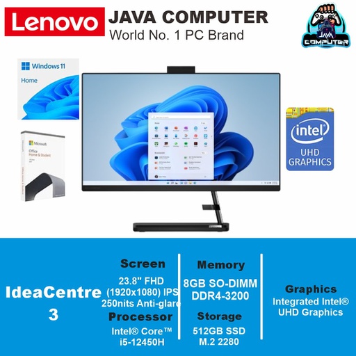 [AIO-0178] Lenovo AIO IdeaCentre 3 24IAP7 F0GH00KXID i5-12450H/8GB/512GB SSD/W11+OHS/23.8"/Black