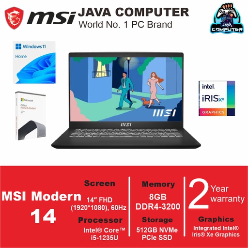 [LAPTOP-0811] MSI Modern 14 9S7-14J112-1287/i5-1235U/8GB/512GB SSD/W11+OHS/14&quot; FHD/Black