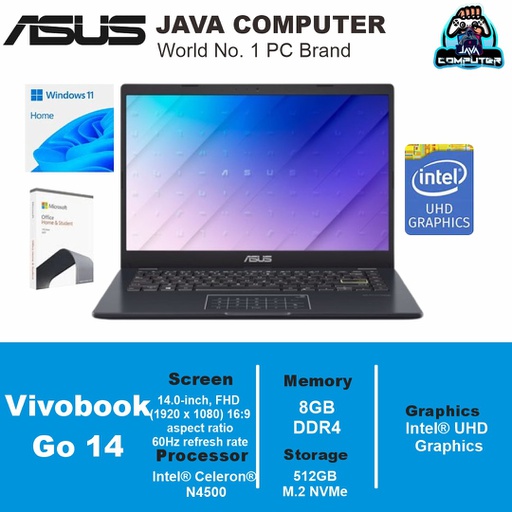 [LAPTOP-0829] Asus Vivobook Go E410KA-FHD454 Intel N4500/8GB/512GB SSD/W11+OHS/14.0&quot; FHD/Star Black (BAG)