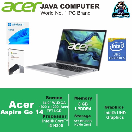 [LAPTOP-0830] Acer Aspire Go 14 AG14-31P-34WS i3-N305/8GB/512GB SSD/14.0″ WUXGA/Win 11 Home+OHS/Pure Silver (BAG)