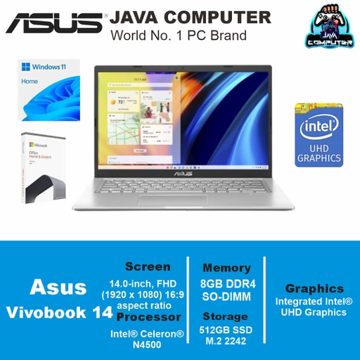 [LAPTOP-0833] Asus Vivobook 14 A1400KA-FHD4511/Celeron N4500/8GB/512GB SSD/14.0″ FHD/Win 11 Home+OHS 2021/Transparent Silver (BAG)