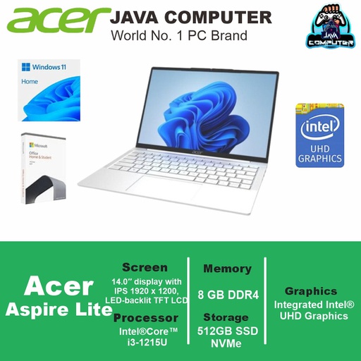 [LAPTOP-0835] Acer Aspire Lite AL1-14M-3SID /i3-1215U/8GB/512GB/14.0&quot; WUXGA/W11+OHS/Arctic Silver (BAG)