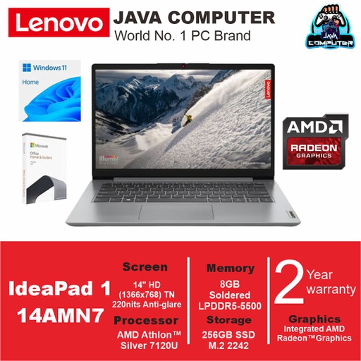 [LAPTOP-0841] Lenovo IdeaPad 1 14AMN7 82VF00A6ID/Athlon Silver 7120U/8GB/256GB SSD/W11+OHS/14.0″HD/Cloud Grey (BAG)