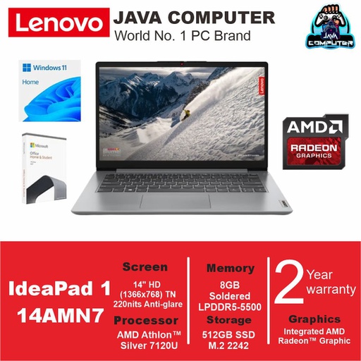 [LAPTOP-0842] Lenovo IdeaPad 1 14AMN7 82VF006UID/Athlon Silver 7120U/8GB/512GB SSD/W11+OHS/14″ HD/Cloud Grey (BAG)